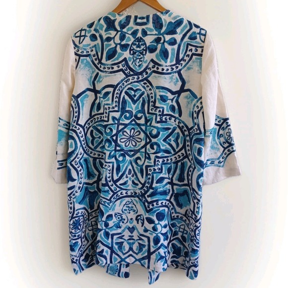 Chicos Linen Kimono Jacket Blue White Geometric Print Open Front - Picture 2 of 8